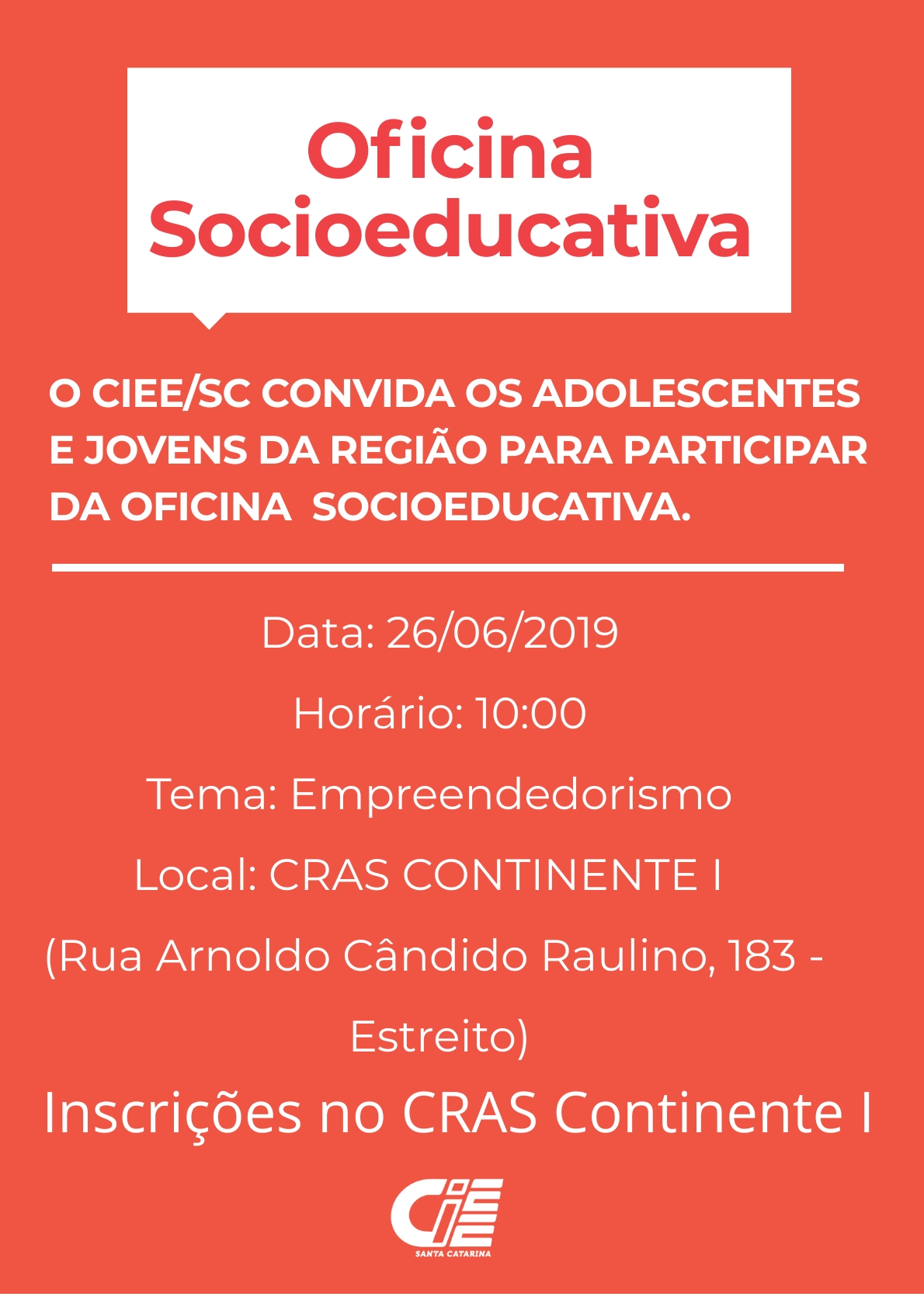 Inscrições para Oficina Socioeducativa no CRAS Continente