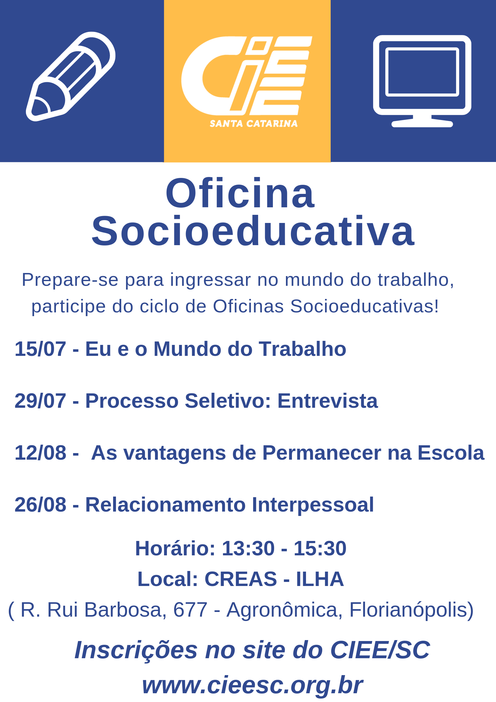 Inscrições para Oficinas Socioeducativas em Florianópolis