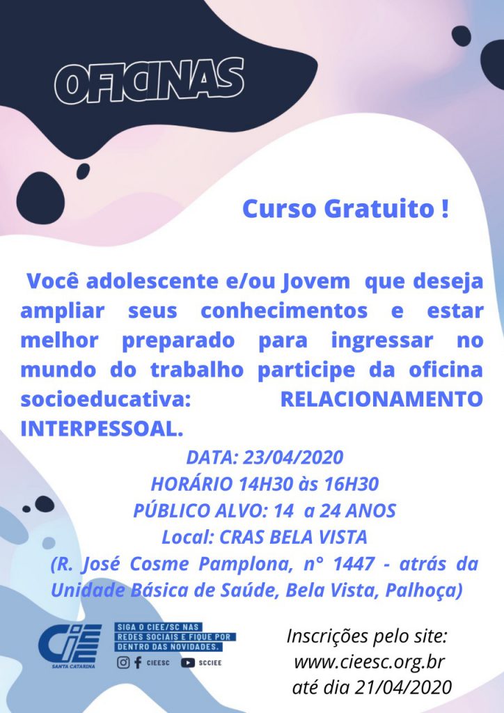 INSCRIÇÕES PARA OFICINA SOCIOEDUCATIVA NO CRAS BELA VISTA